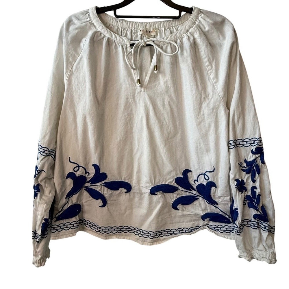 Roller Rabbit Embroidered Cotton Peasant Blouse White Blue Boho Top Medium - Picture 2 of 8